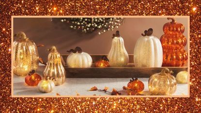 amazon thanksgiving decor finds from lamplust including glowing led pumpkins in various sizes and colors on a glittery orange background