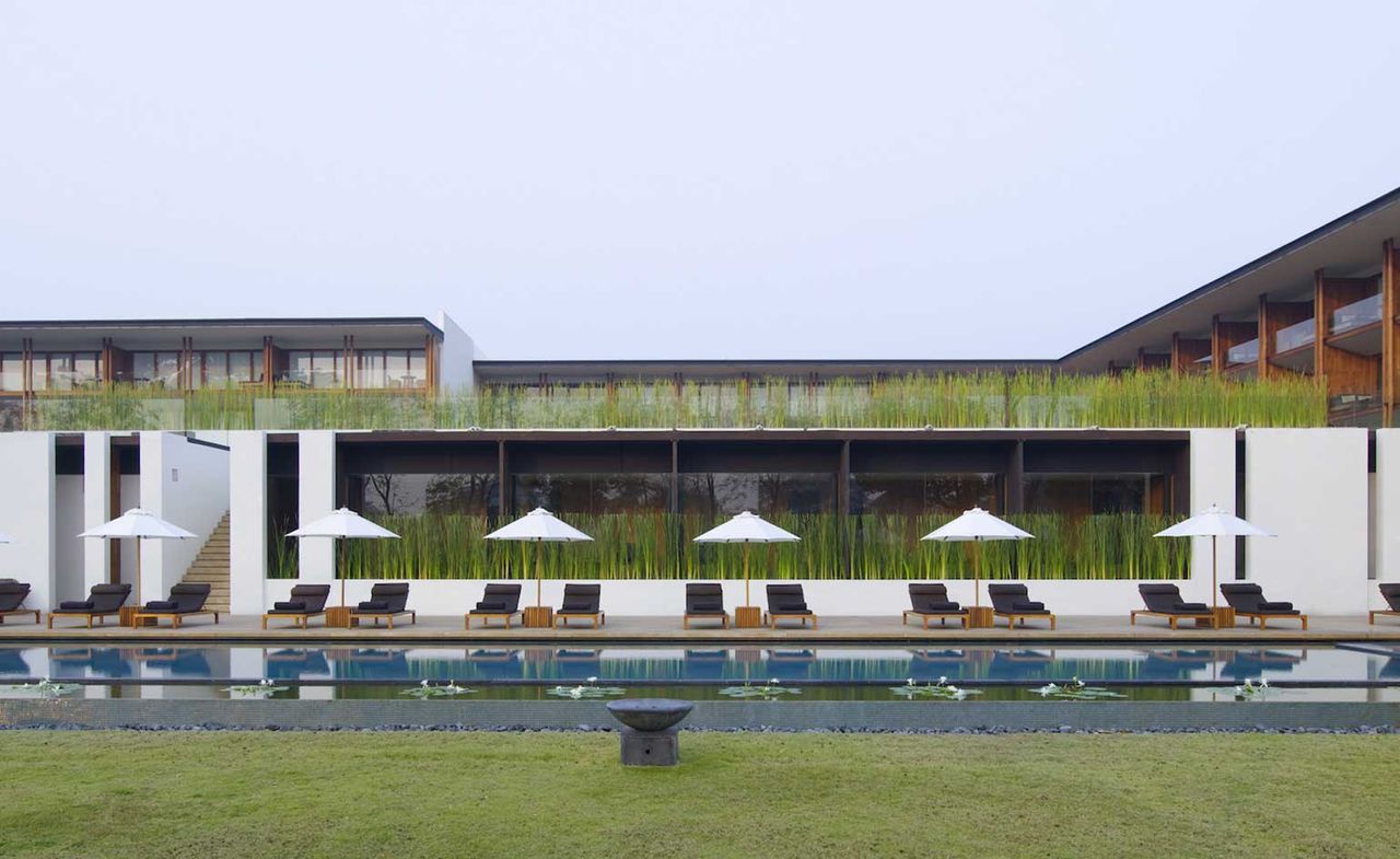 Water, surrounded by umbrellas and deck chairs