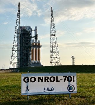 A Delta IV Heavy rocket just before its scheduled launch in Florida.