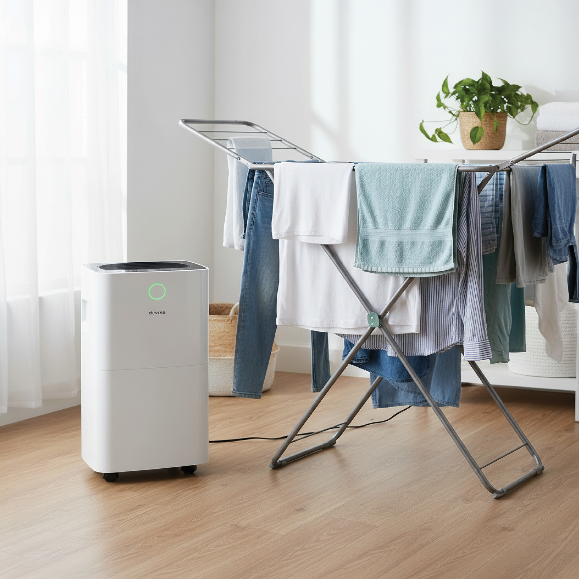 Devola DV12L dehumidifier by washing on indoor airer in living room