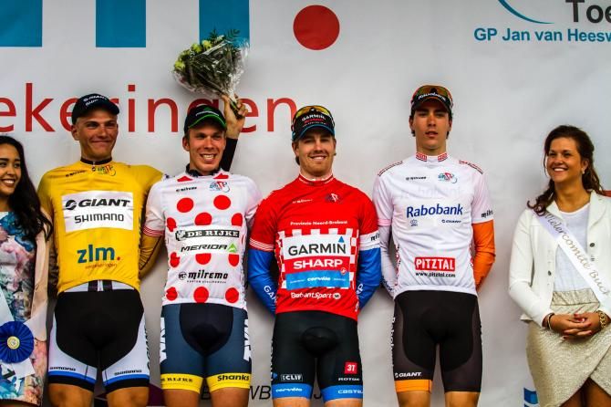 The jersey holders after stage 2: Marcel Kittel, Ronan van Zandbeek, Tyler Farrar an Timo Roosen