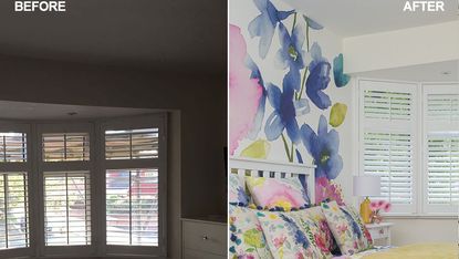 comparison of bedroom without wallpapers and with Bluebellgray wallpapers