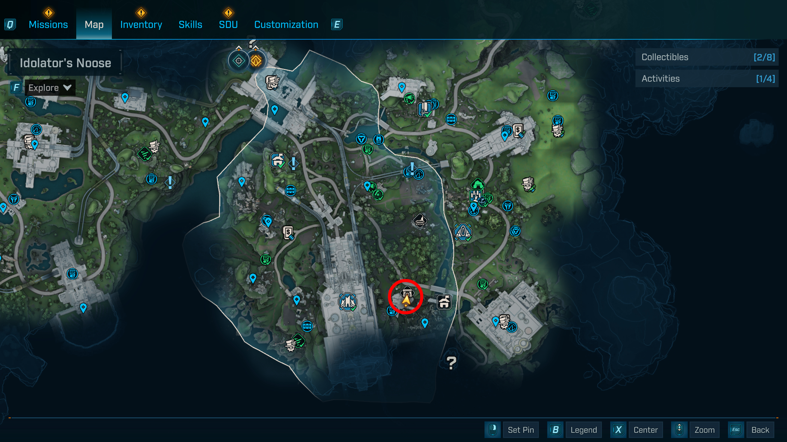 Borderlands 4 Complex Root location: A map with a red circle showing the location of the Tipping Point Order bunker in the Fadefields.