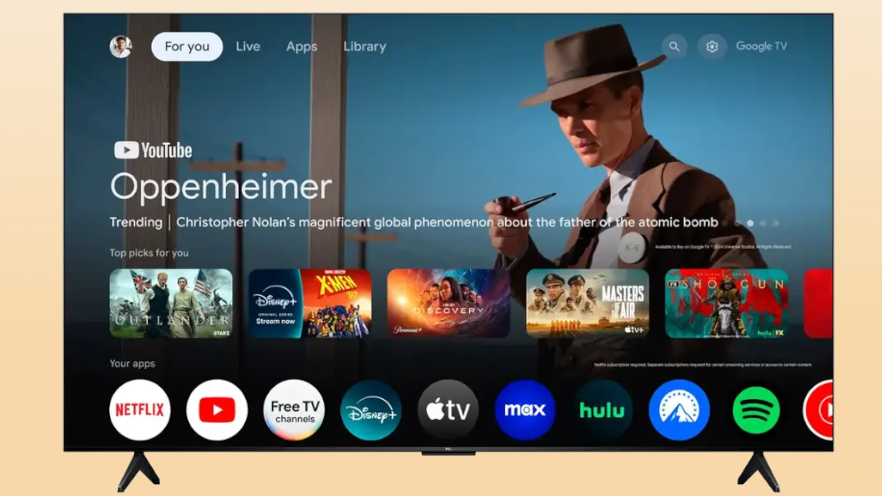 The TCL QM5K Mini-LED TV displaying the Google TV home screen