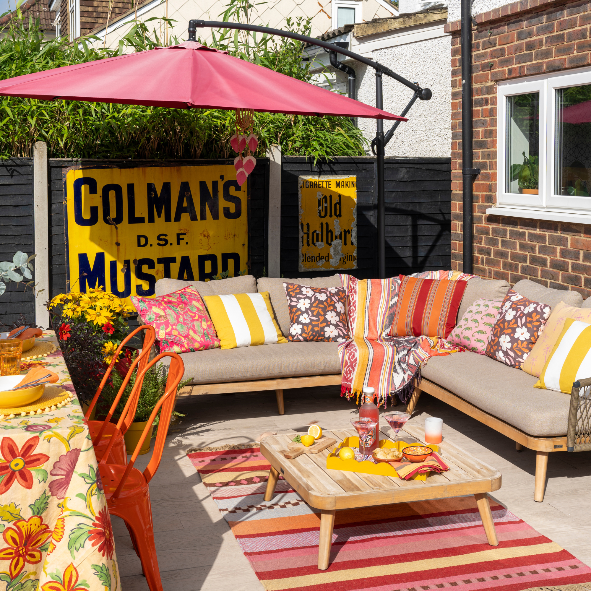 Bright patio with orange, red, pink and yellow coours.