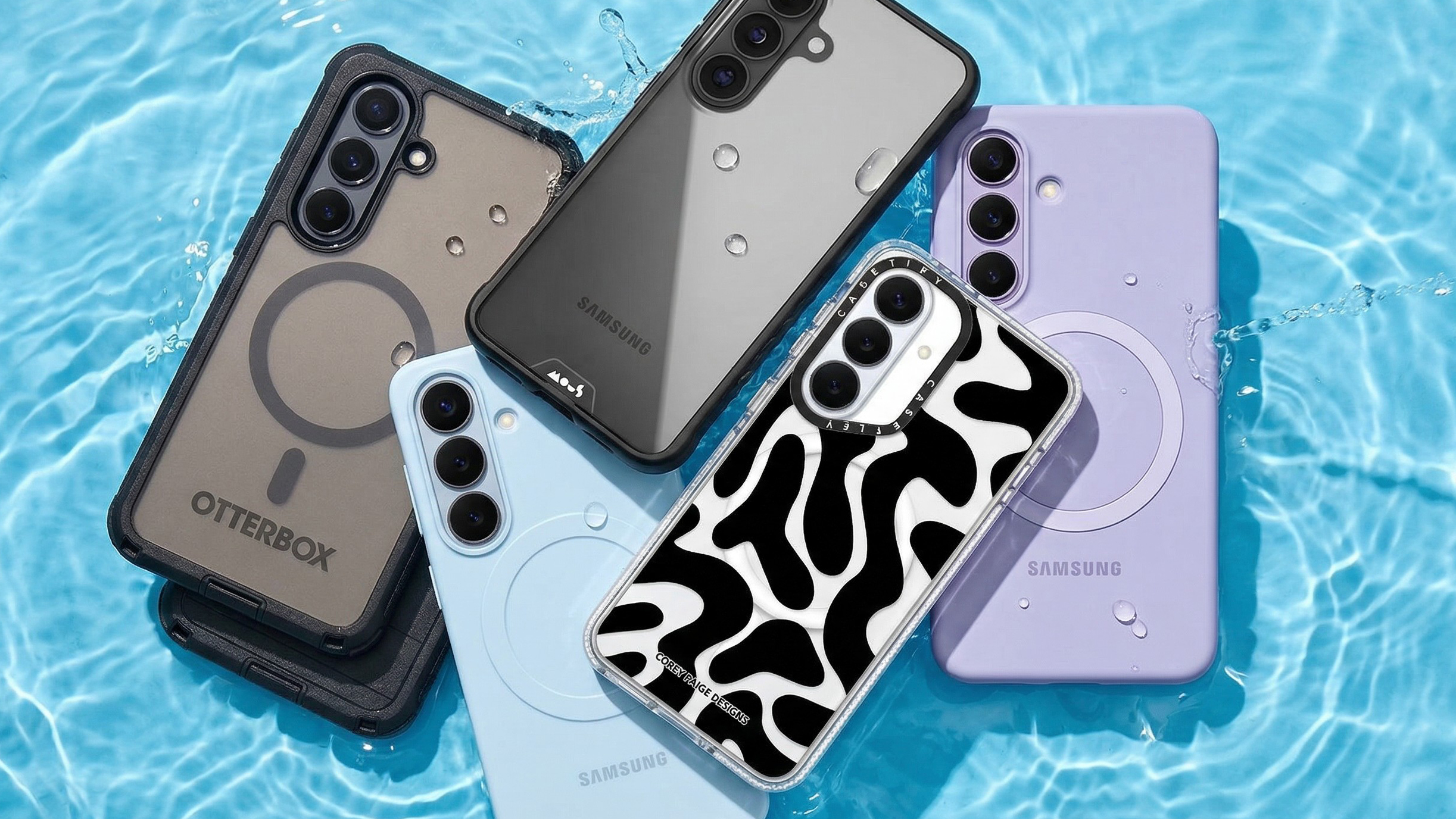 Phone cases for the Samsung Galaxy S26 floating on some water