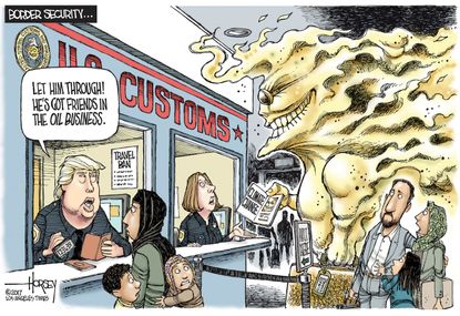 Political cartoon U.S. Trump travel ban oil industry climate change