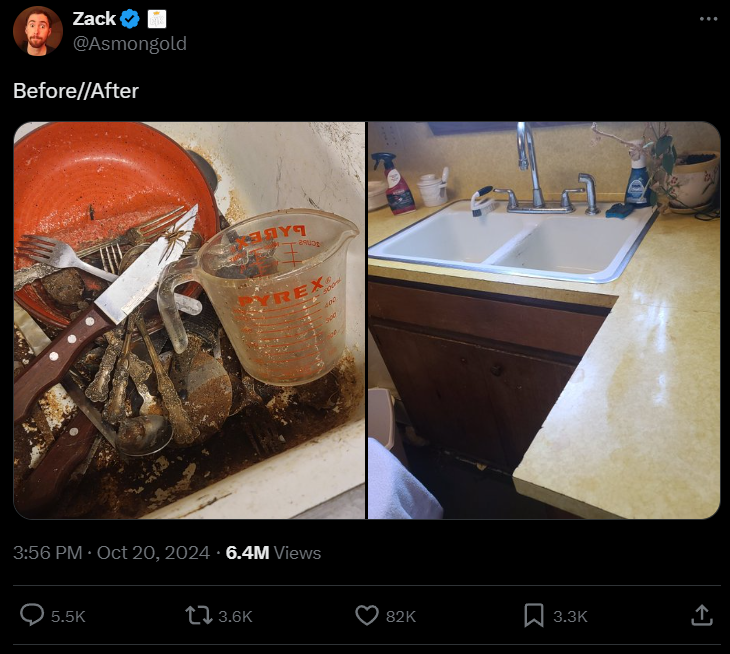 A series of images depicting the staggering difference in the before and after of Asmongold's kitchen sink.