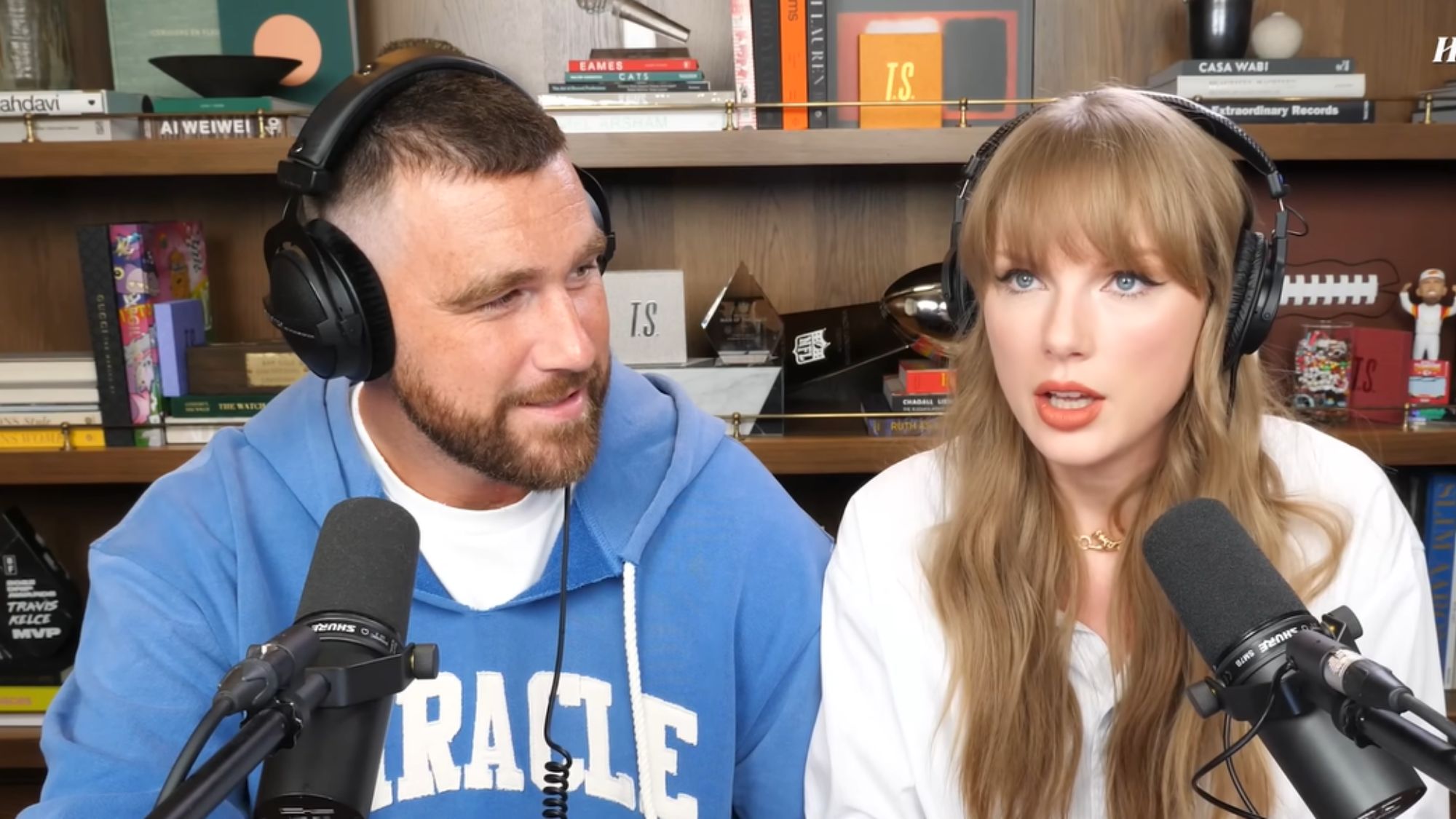 Travis Kelce and Taylor Swift on New Heights Podcast.