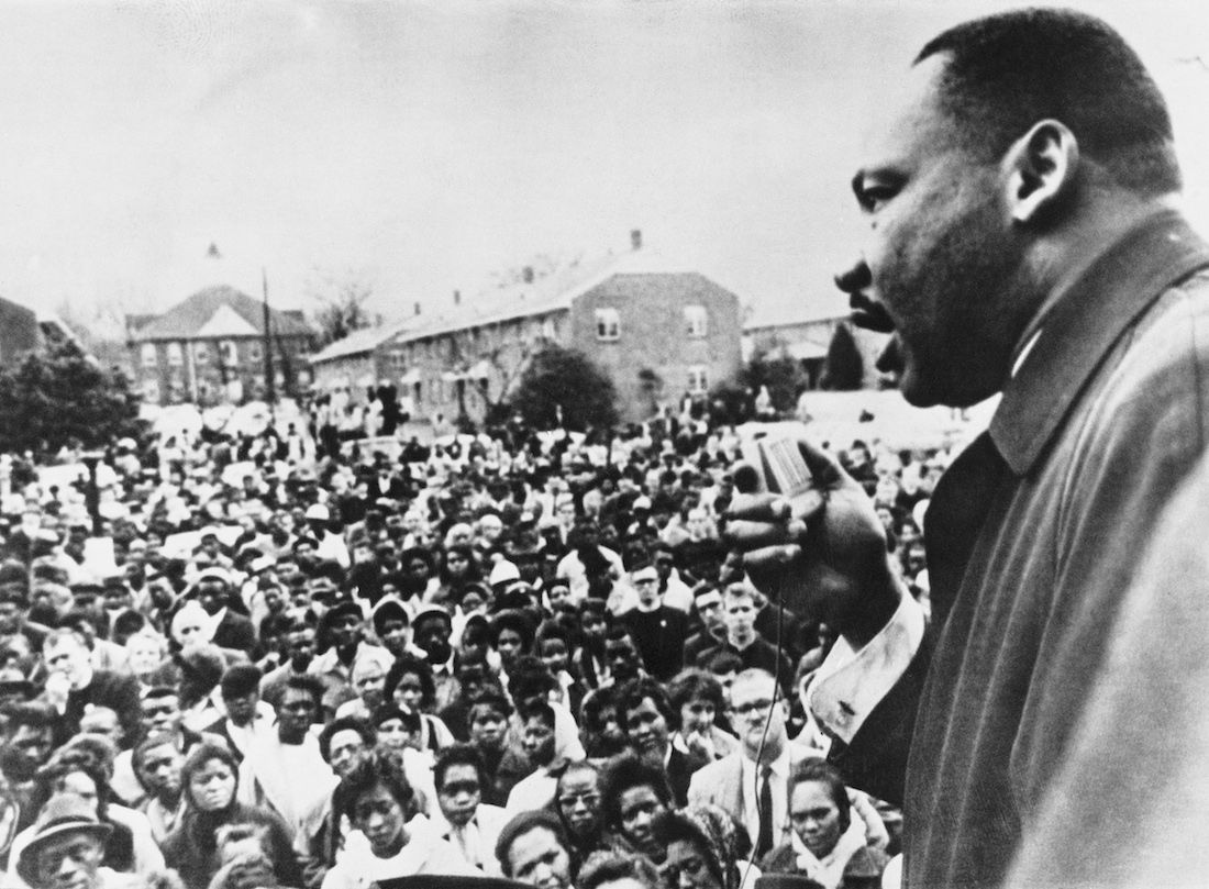 Martin Luther King Jr. addresses civil rights marchers in Selma, Alabama, in April 1965. 