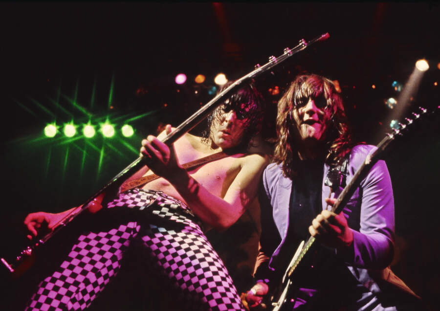 Pete Way and PaulChapman onstage on UFO&amp;rsquo;s Strangers InThe Night UK tour, February 1979.