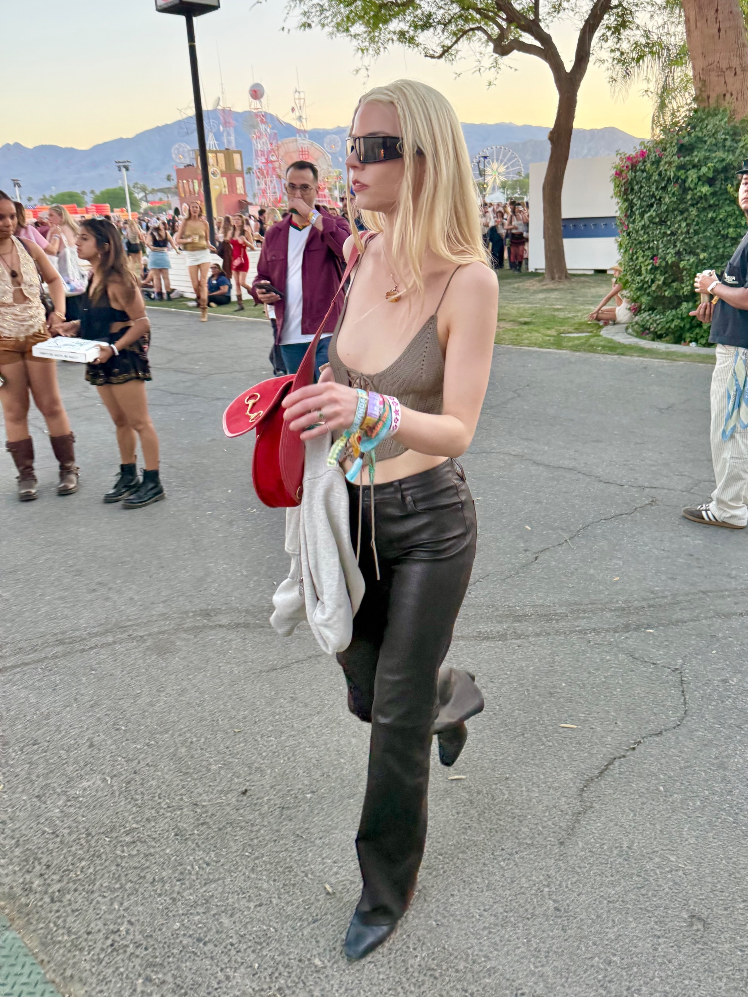 Anya Taylor-Joy's Vintage Gucci Horsebit Sling Bag Adds a Pop of Color to Her Leather and Crochet Look