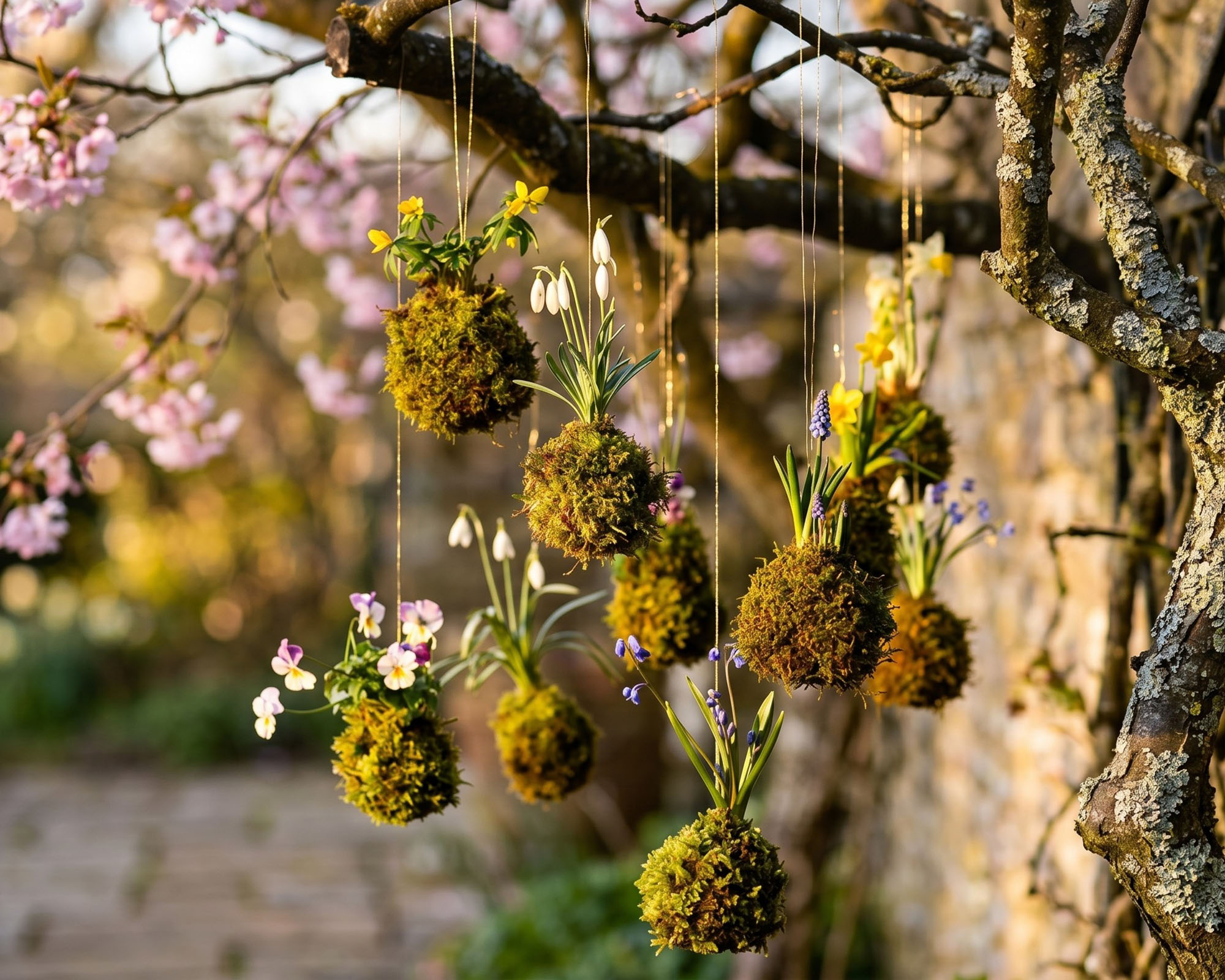 Spring flower kokedama balls hanging from blossom tree