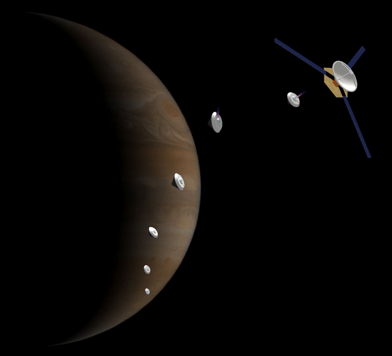 Artist&#039;s impression of &quot;microprobes&quot; headed for Jupiter to probe the gas giant&#039;s atmosphere.