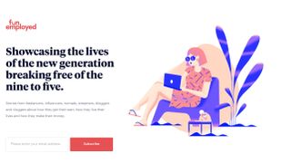 A homepage features an illustration of a woman working on a laptop outside