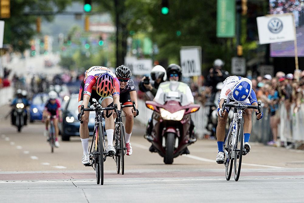 Megan Guarnier (Boels-Dolmans) beats Coryn Rivera (UnitedHealthcare) in a breakaway sprint to the finish line