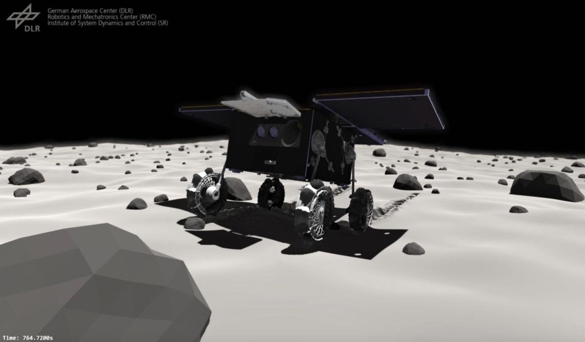 Illustration of the MMX Rover moving on the Mars moon Phobos.