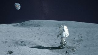 An astronaut walking across the lunar surface with Earth on the horizon.