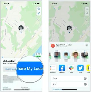 To share your location, tap on your current location on the map. Choose Share My Location then decide how to share from the share sheet