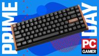 A Keychron K2 HE gaming keyboard on a blue and red Amazon Prime Day deals background, with the PC Gamer logo in the bottom right