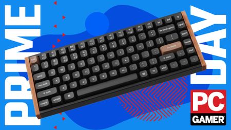 A Keychron K2 HE gaming keyboard on a blue and red Amazon Prime Day deals background, with the PC Gamer logo in the bottom right