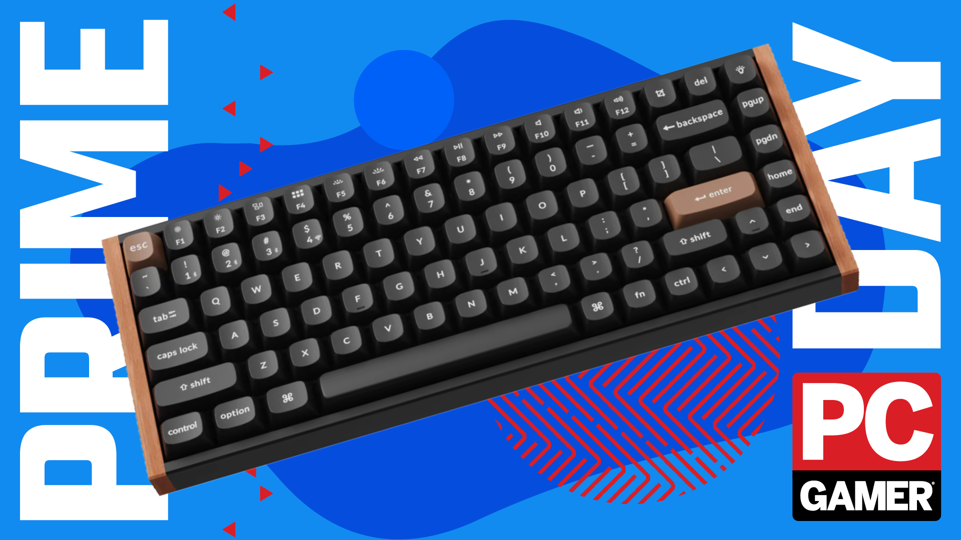 A Keychron K2 HE gaming keyboard on a blue and red Amazon Prime Day deals background, with the PC Gamer logo in the bottom right