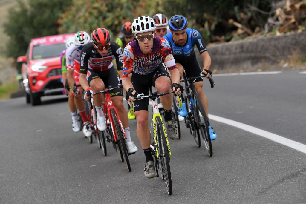 ETNALINGUAGLOSSA ITALY OCTOBER 05 Lawson Craddock of The United States and Team EF Pro Cycling Victor Campenaerts of Belgium and NTT Pro Cycling Team Jonathan Caicedo Cepeda of Ecuador and Team EF Pro Cycling Josip Rumac of Croatia and Team Androni Giocattoli Sidermec Giovanni Visconti of Italy and Team Vini Zabu KTM Matthew Holmes of The United Kingdom and Team Lotto Soudal Mikkel Bjerg of Denmark and UAE Team Emirates Francesco Romano of Italy and Team Bardiani CSF Faizane Breakaway during the 103rd Giro dItalia 2020 Stage Three a 150km stage from Enna to Etna Linguaglossa Piano Provenzana 1793m girodiitalia Giro on October 05 2020 in Linguaglossa Italy Photo by Tim de WaeleGetty Images