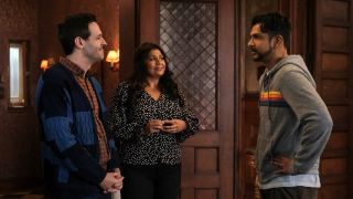 Eric, Bella, and Jay (Utkarsh Ambudkar) in Woodstone Manor in season 3 of Ghosts 