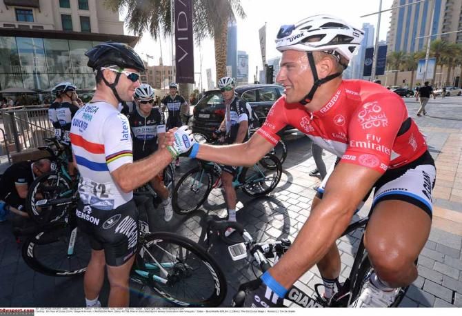 Mark Cavendish congratulates Marcel Kittel after the finish
