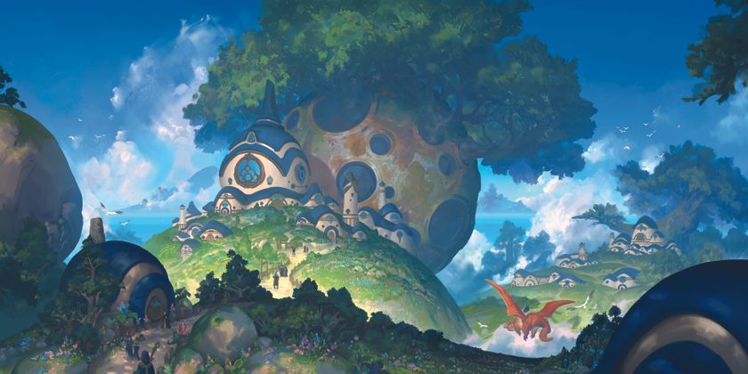 A digital painting of a dwelling in a green landscape from a Photoshop tutorial