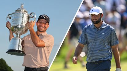 Split image of Xander Schauffele lifting the Wanamaker Trophy (left) and Scottie Scheffler at the 2024 PGA Championship