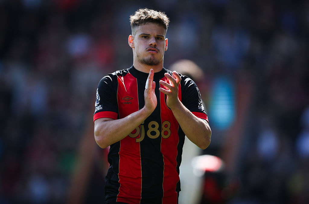 Liverpool target Milos Kerkez of AFC Bournemouth reacts during the Premier League match between AFC Bournemouth and Manchester United FC at Vitality Stadium on April 27, 2025 in Bournemouth, England.