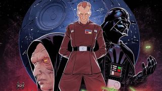 a giant space station looms in the background as an old man in a clock and a figure in black armor loom in the foreground