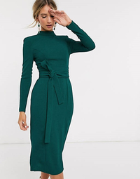 ASOS, ASOS DESIGN long sleeve midi dress with obi belt in forest green ( $65