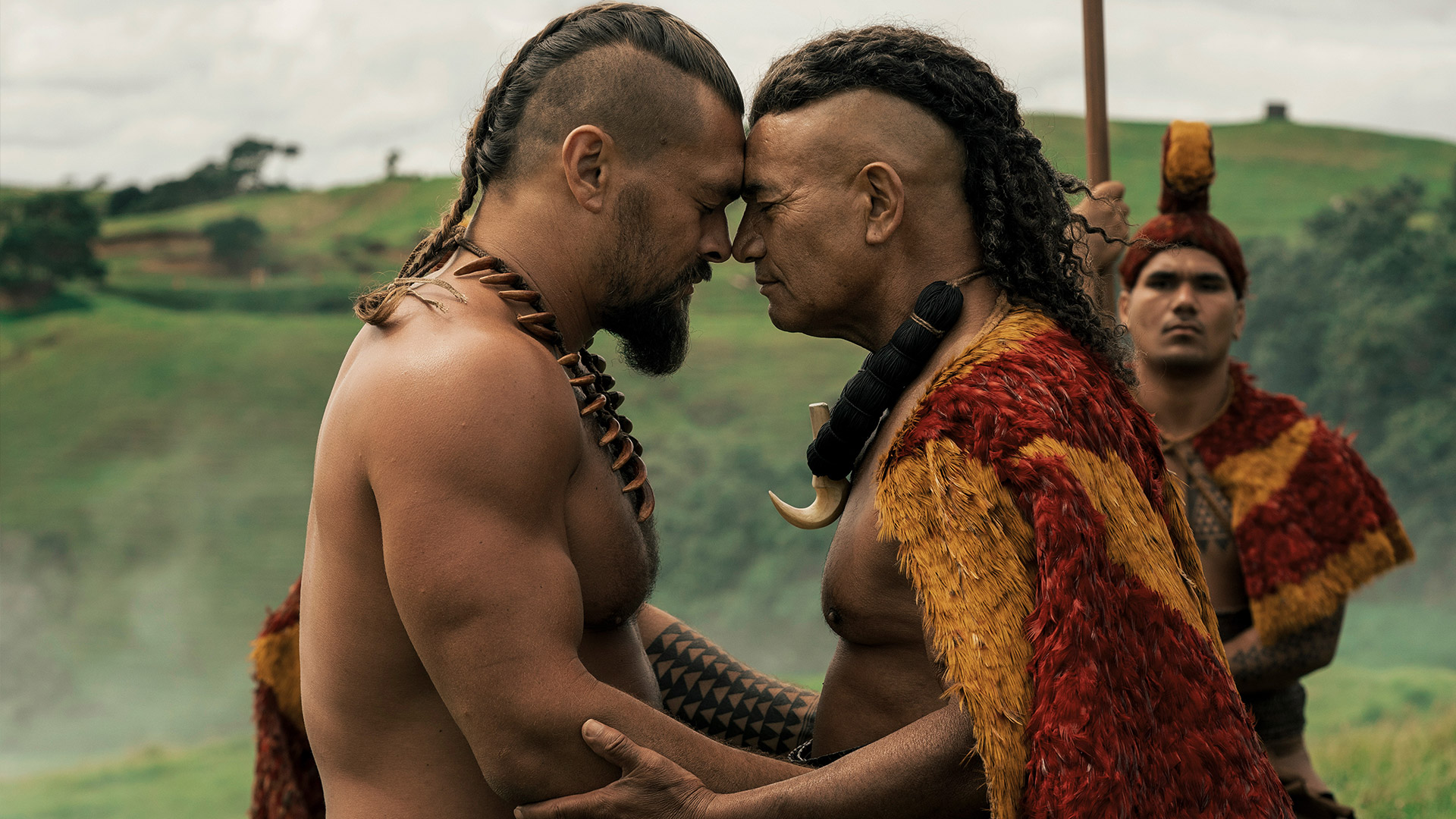 Jason Momoa and Temuera Morrison greet each other in Apple TV&#039;s Chief of War series