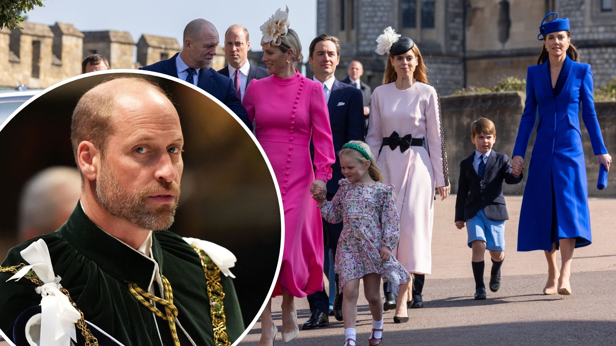 A composite of a roundel of Prince William at the 2026 Order of the Thistle service and a picture of the Royal Family walking to church at Easter 2023