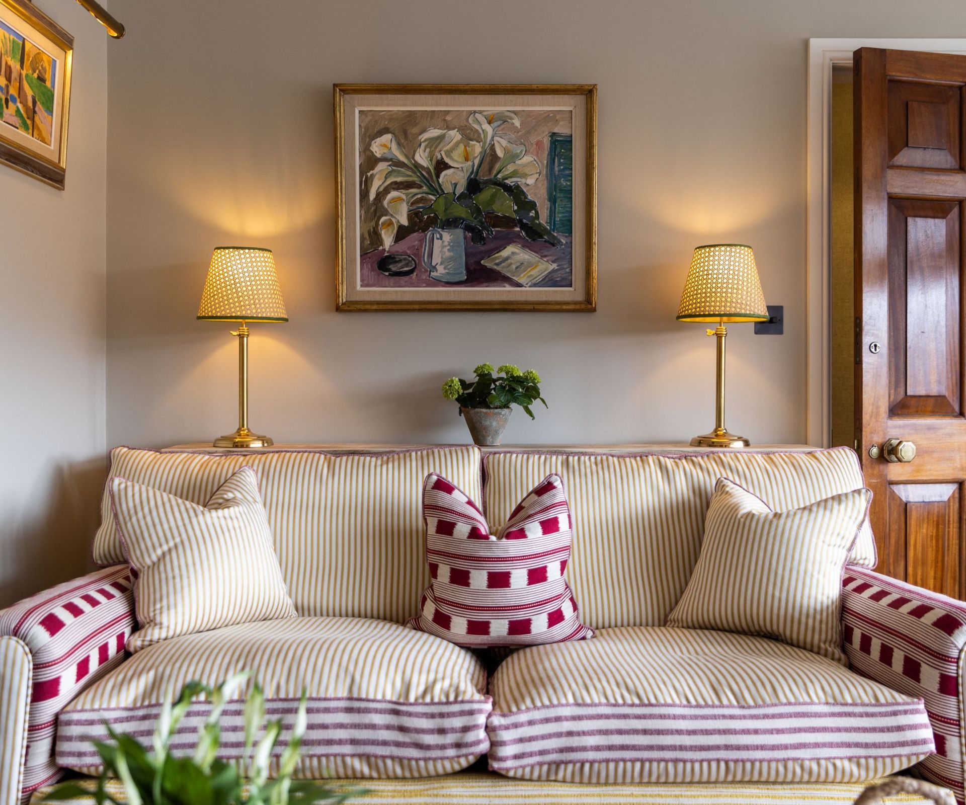 Living room with colorful patterned sofa