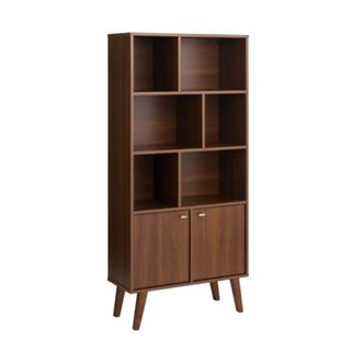 A dark brown wooden bookcase with open shelves and doors