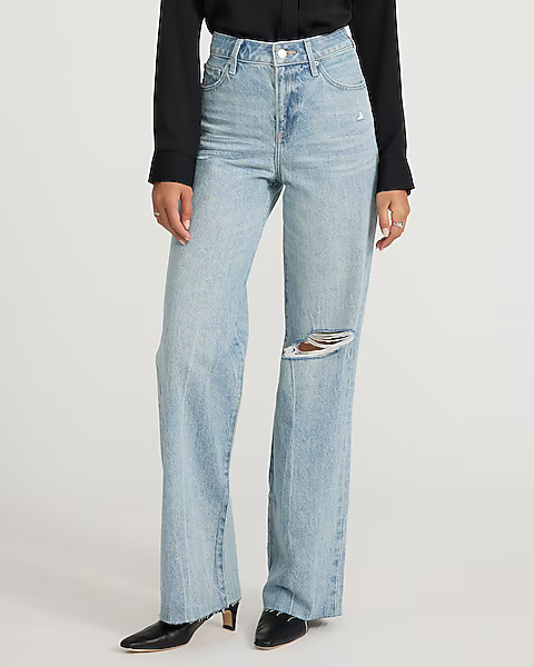 Express, High Waisted Light Wash 50/50 Rigid Stretch Ripped Wide Leg Jeans