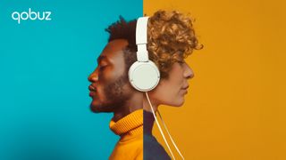 Two people share a pair of headphones in a promo shot for Qobuz Duo