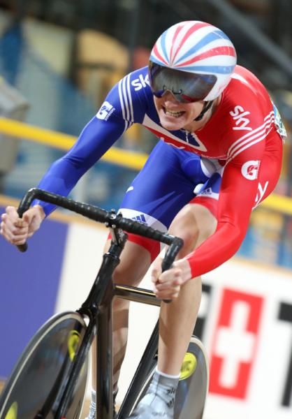 Young British hopefully Sam Harrison winds it up for the Omium flying lap time trial.
