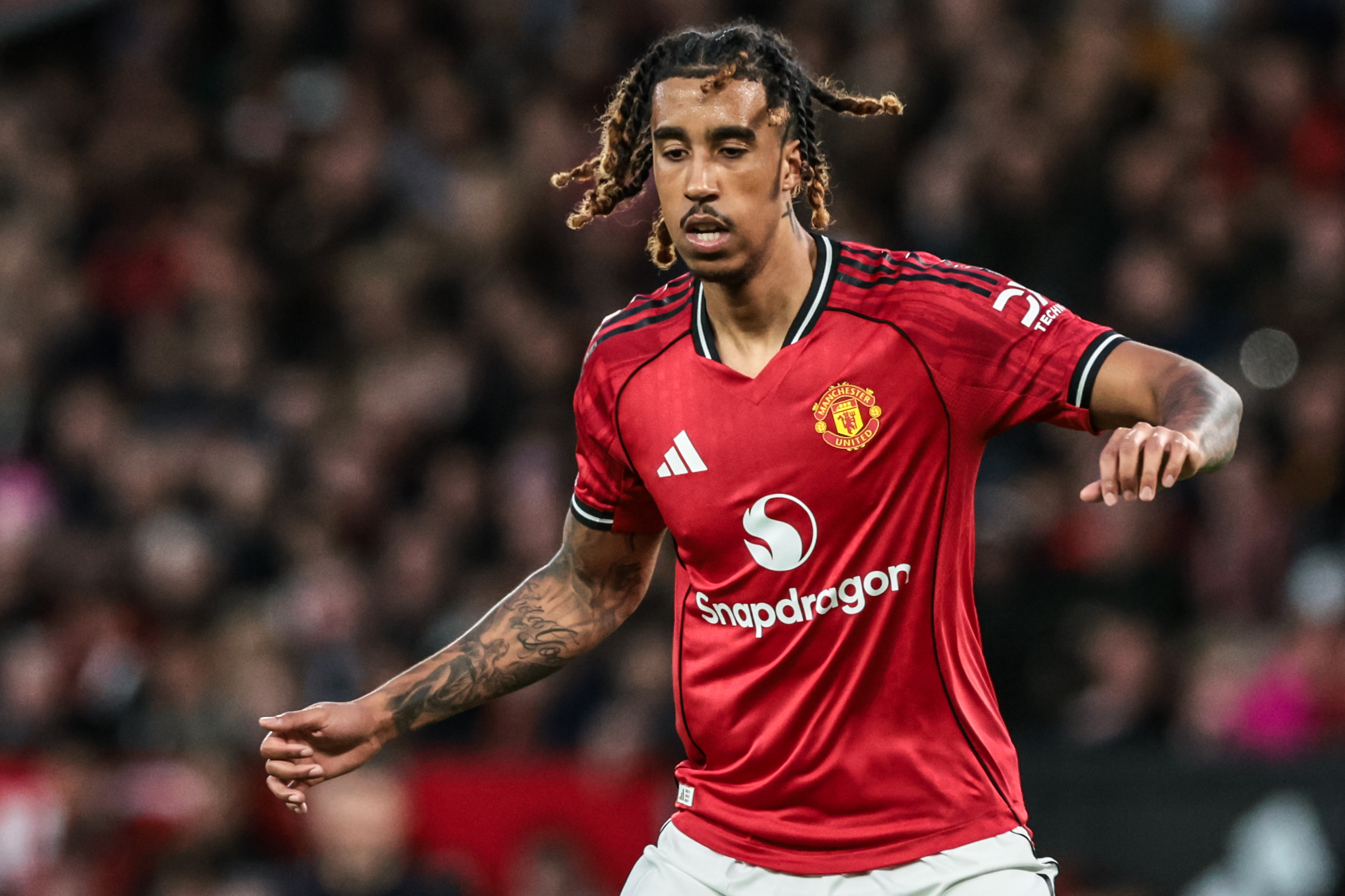 Leny Yoro of Manchester United during the Premier League match between Manchester United and Leeds United at Old Trafford in Manchester, United Kingdom, on April 13, 2026.