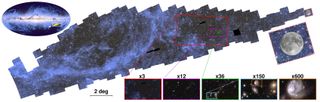 On the top left, an all-sky map is visible with the location of Euclid’s mosaic on the Southern Sky highlighted in yellow. In the middle, there is a graphic of the galaxy showing cloudy starry shapes. On the right, there are close-ups of various features.