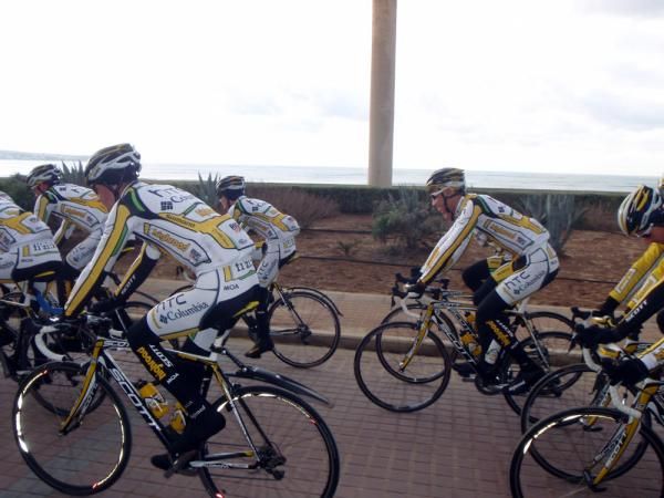 The HTC-Columbia squad ride along the beach front in Majorca