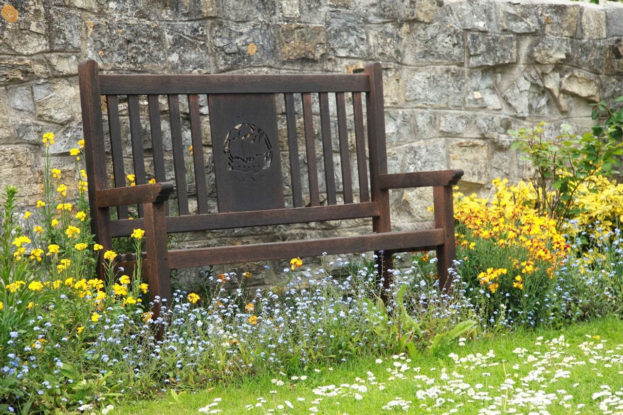 Bench In Garden Surrounded By Flowers