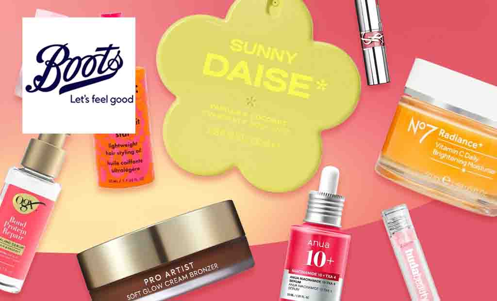 boots logo top left with collage of beauty products