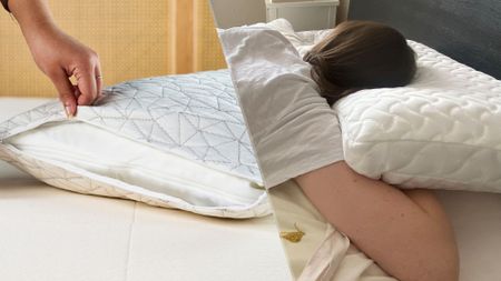 On the left, a hand holds up the cover of a pillow to reveal the interior filling. On the right, pillow tester Ruth Jones is stomach sleeping on the Tempur-Pedic Tempur-Cloud Pillow on a bed in her bedroom