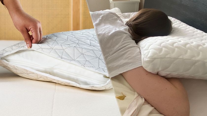 On the left, a hand holds up the cover of a pillow to reveal the interior filling. On the right, pillow tester Ruth Jones is stomach sleeping on the Tempur-Pedic Tempur-Cloud Pillow on a bed in her bedroom