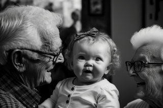 Retrato en blanco y negro generado por IA de unos abuelos con su nieta