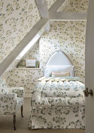 colefax and fowler leafy prints in a cottage bedroom